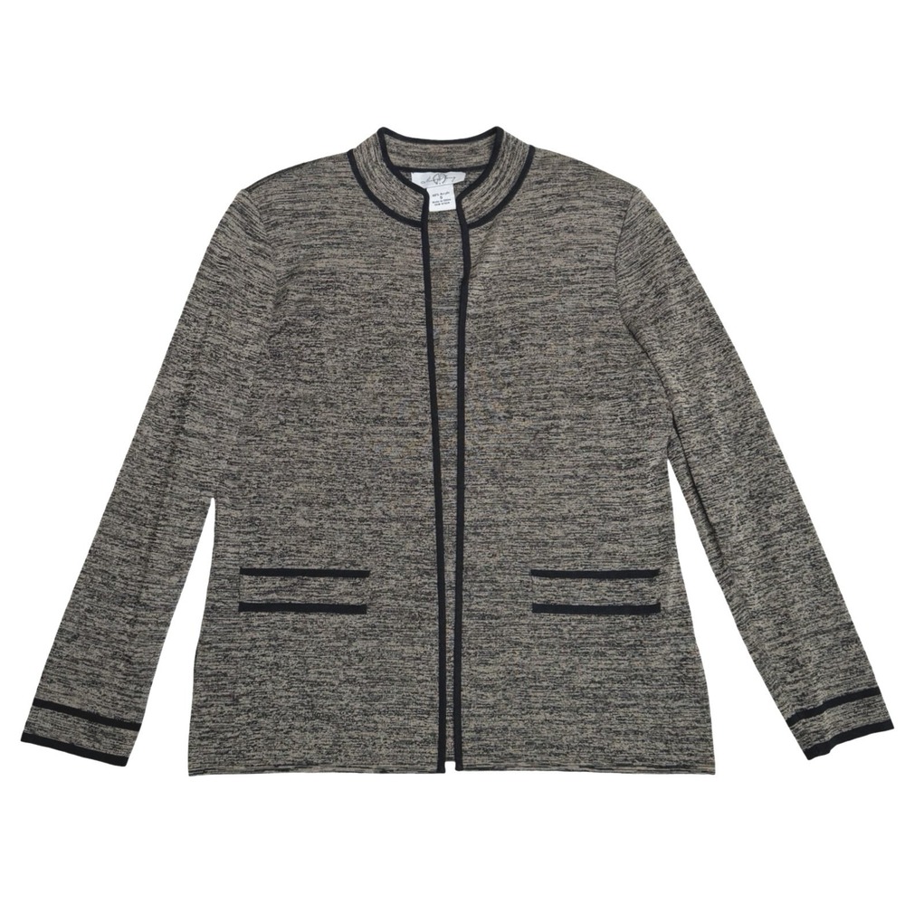 Ming Wang Mock Neck Open Front Knit Cardigan Jacket Gray Black Sz S